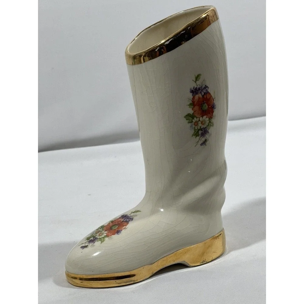 Vintage Ceramic Boot Vase Planter Hand Painted Cottagecore Farmhouse Garden